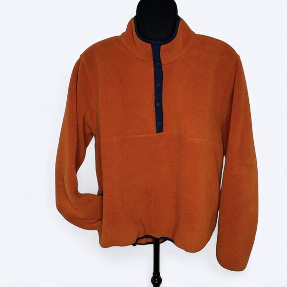 Vtg LL Bean Fleece Pullover Mens Sz M Orange Snap Closure Gorpcore Outdoors 90s - Picture 1 of 10